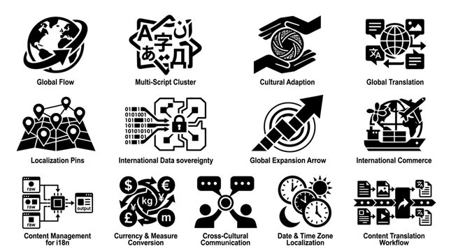 Global business communication and corporate localization icon set with business communication localization translation corporate management international strategy language expansion workflow