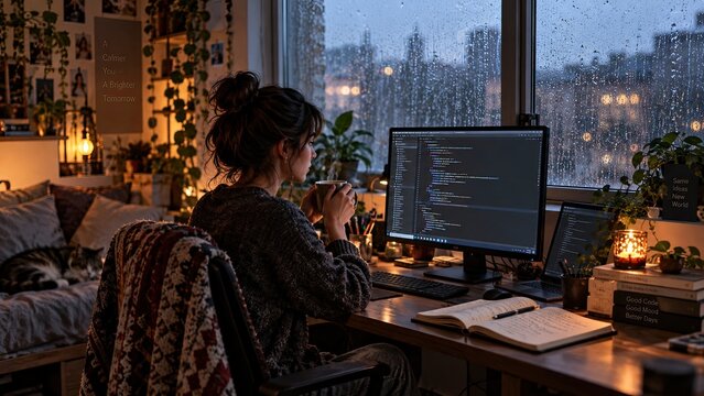 Woman coding at a home workstation beside a rain-speckled window, with a computer monitor, notebook, coffee cup, and warm ambient lighting.