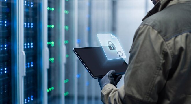 data center technician reviews locked document card to control content updates, manage file versions, and maintain information governance