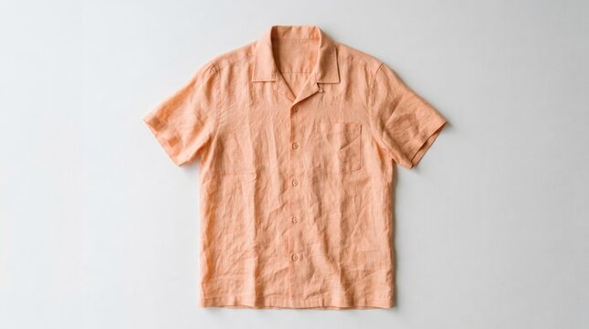 A peach-colored short-sleeved shirt with a collar and a pocket, laid flat on a white background with a soft shadow, emphasizing the texture and color of the fabric.