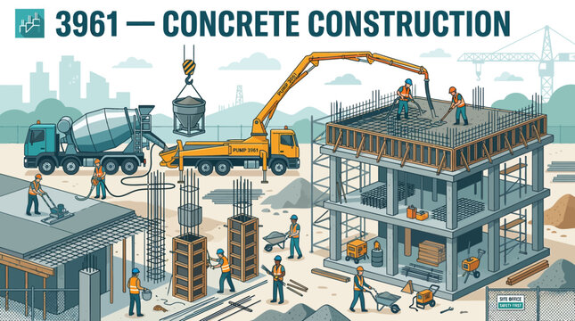 Concrete construction site illustration with workers building structure and machinery