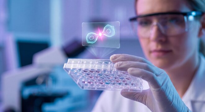 laboratory researcher reviews cell recognition overlay above sealed culture plate to illustrate immune response study, assay evaluation, and biomedical research