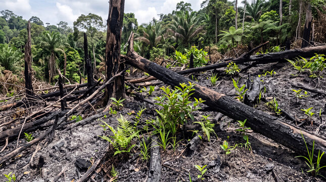 Regeneration of tropical vegetation amidst scorched remains of a deforested landscape after slash and burn agriculture activity