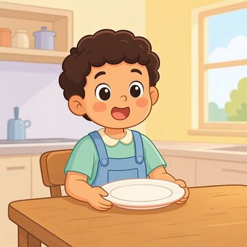 A cheerful cartoon illustration of a hungry child with big expressive eyes holding an empty plate, sitting at a wooden kitchen table