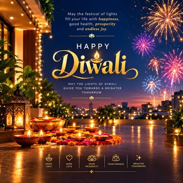 Happy Diwali Festival of Lights Greeting Card Design with Burning Clay Diya Lamps, Ornate Lantern, Floral Urli and Colorful Fireworks Bursting over Cityscape at Night.