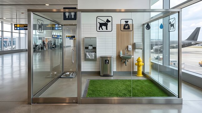 Photorealistic airport pet relief area in a modern international terminal, compact hygienic pet-friendly facility with artificial grass