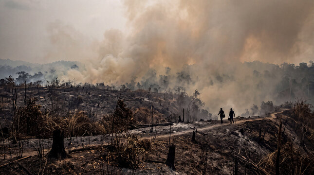 Two individuals walking through a deforested landscape filled with smoke and fire damage caused by environmental destruction and climate crisis impact