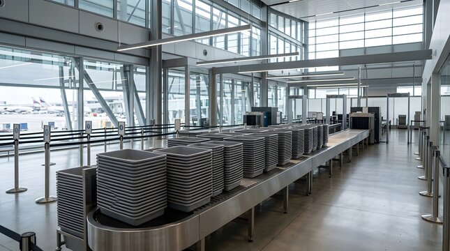 Photorealistic airport security checkpoint preparation area with empty security trays neatly stacked on a conveyor system