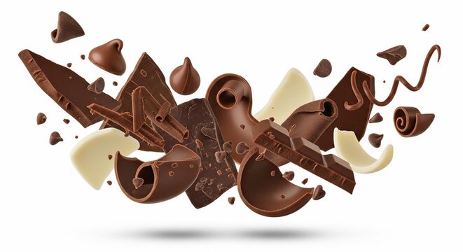Exploding Dark and White Chocolate Pieces with Chips and Curls, Studio Shot, Isolated