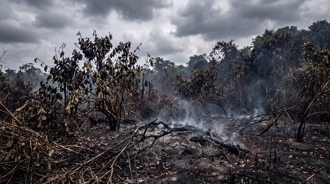 Aftermath of a Wildfire Destroying a Tropical Forest Clearing with Lingering Smoke and Charred Vegetation Under a Cloudy Sky