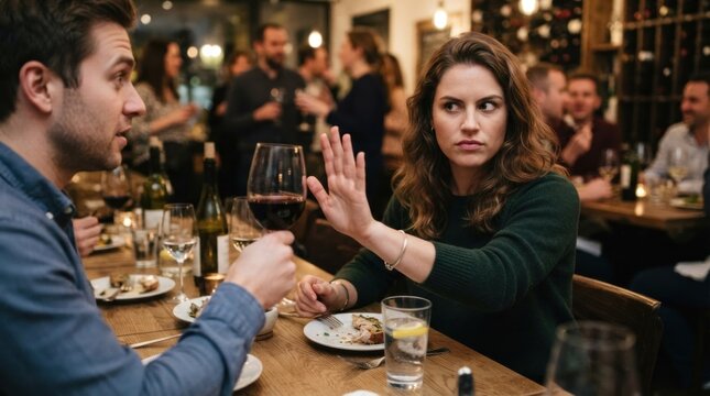 A man and a woman sitting at a restaurant table, engaged in conversation, with wine glasses and plates of food in front of them.