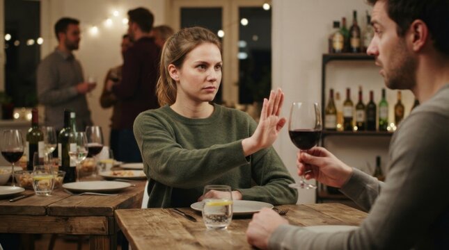 A woman and a man sitting at a dinner table with wine glasses, engaged in conversation, with a group of people in the background.