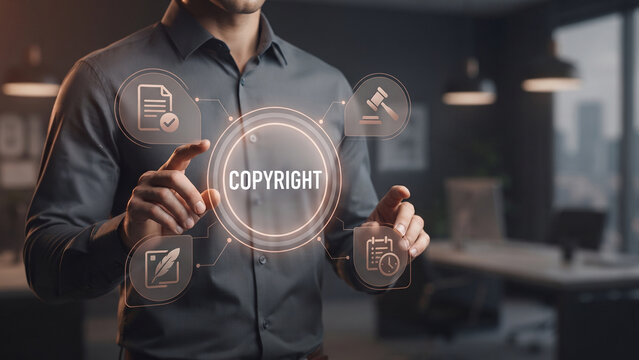 Professional man using copyright text and icons protection interface, digital copyright, patent protection, legal verification