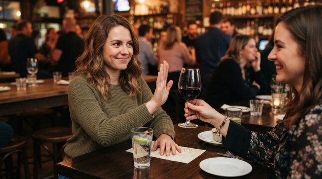Two women sitting at a table in a busy restaurant, engaged in conversation, with wine glasses and plates in front of them.