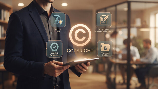 Businessman professional with tablet and copyright text and icons interface, digital copyright, patent protection, file security