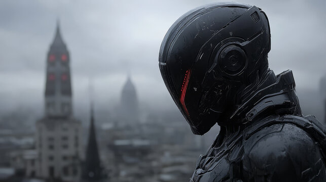 Futuristic armored soldier in a dark helmet overlooking a misty urban cityscape at twilight