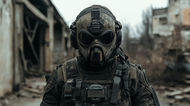 Soldier in tactical gear and protective mask standing in a ruined urban environment at daytime