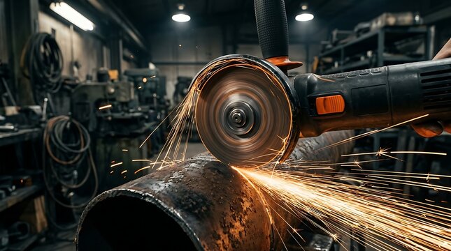 Angle grinder cutting metal pipe with sparks