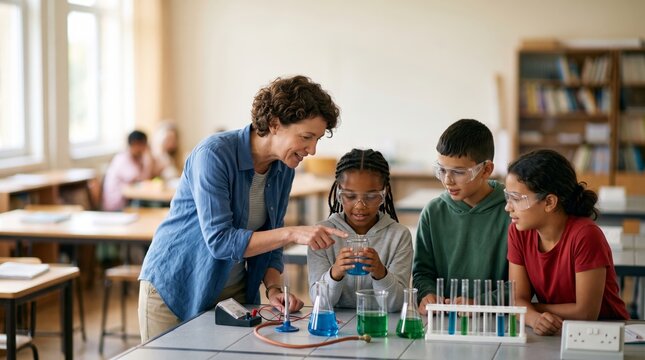 Teacher guides diverse students through a hands on chemistry experiment in a bright modern science classroom