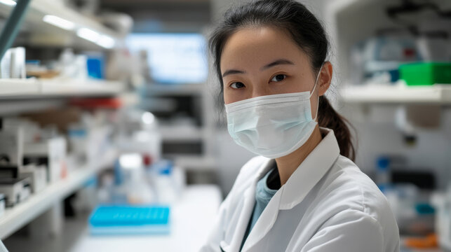 Portrait of a young scientist wearing a protective face mask in a modern clinical laboratory