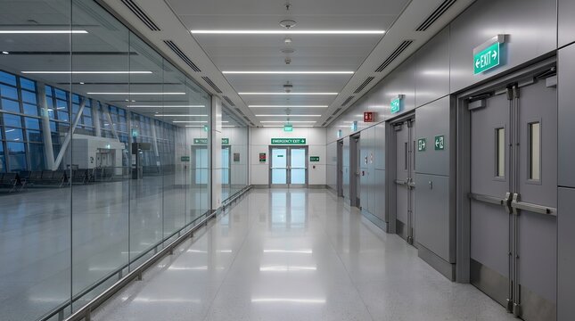 Photorealistic modern airport emergency exit corridor, clean architectural hallway with illuminated emergency exit indicators without readable branding.