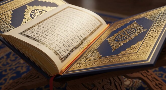 Open religious text with ornate gold script and binding, holy book, sacred scripture, ancient manuscript.