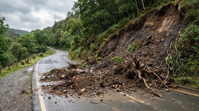 Landslide and Soil Erosion Damaging Roadside After Heavy Rainfall and Severe Weather - Landslide Damage Concept