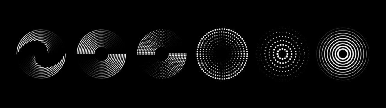 Futuristic Circular Radial Halftone Vector Elements Set, Monochromatic Abstract Optical Illusion Rings and Spiral Shapes for Technology, Science, and Minimal Modern Logo Graphic Design