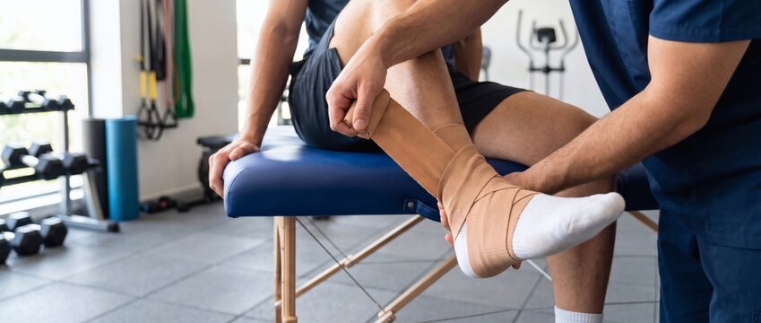 Sports medicine physiotherapist stretching and mobilizing ankle joint of patient on therapy table. Physical therapist guiding lower limb rehabilitation and Achilles tendon recovery in clinic.