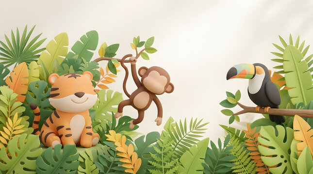 Cute jungle animals in a vibrant paper-cut style illustration