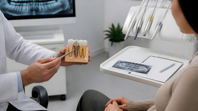 Dentist shows a dental implant model to a patient during a consultation, explaining the procedure and its benefits for oral health