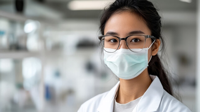 Portrait of a young Asian scientist wearing a protective face mask and glasses in a laboratory