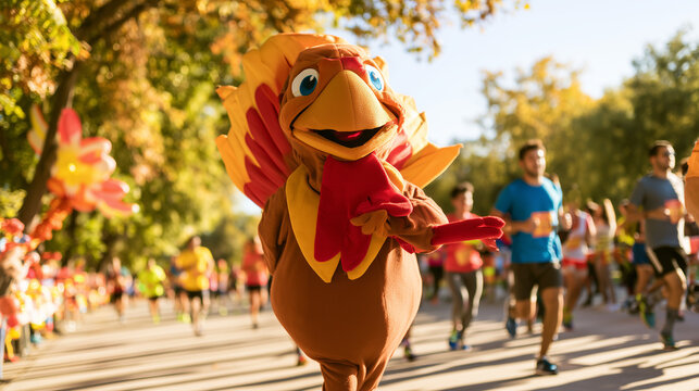 A Vibrant Turkey Mascot Running Joyfully Through an Autumnal Charity Fun Run Event Featuring Enthusiastic Participants on a Sunny Afternoon