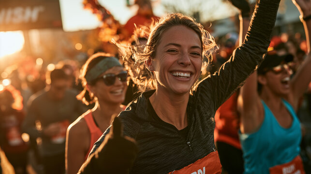 Joyful Female Runner Celebrating Crossing the Finish Line During an Energetic Outdoor Marathon Race at Golden Hour Sunset