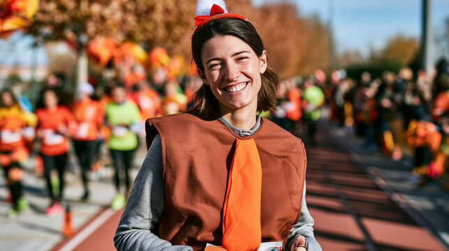 A Cheerful Female Participant Wearing a Festive Turkey Costume While Running a Charity Race During a Sunny Autumn Day in an Outdoor Setting