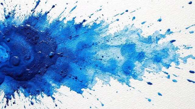 Blue watercolor paint splattering and spreading on a white paper background with a dynamic and abstract artistic motion, revealing a creative ink drop effect