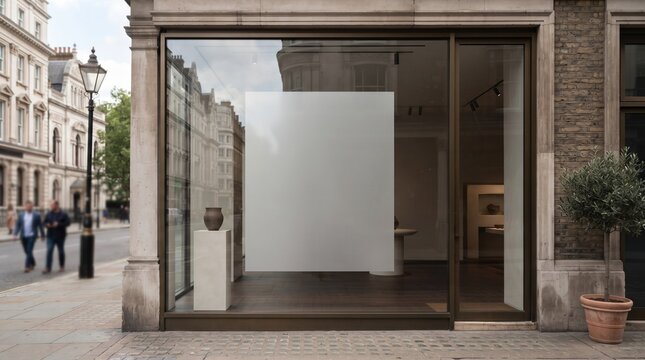 Modern storefront window with a frosted glass panel for custom logo branding in a city street settin