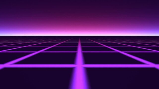 Retro synthwave neon grid landscape, 80s aesthetic purple wireframe floor, futuristic vaporwave horizon background for music videos