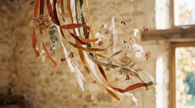 A hanging decoration made of ribbons and dried flowers, hanging from a stone wall with a window in the background.