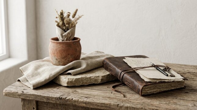 A rustic wooden table with a leather-bound book, a ceramic pot with dried flowers, and a beige cloth, set against a plain white wall.