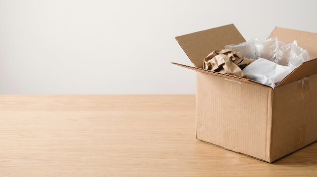 Open cardboard box with packing materials on wooden table, brown paper parcel for shipping and delivery, minimalist e-commerce package on desk