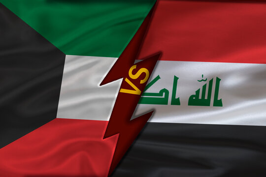 Geopolitical tension between Iraq and Kuwait. Split image of the flags of Iraq and Kuwait