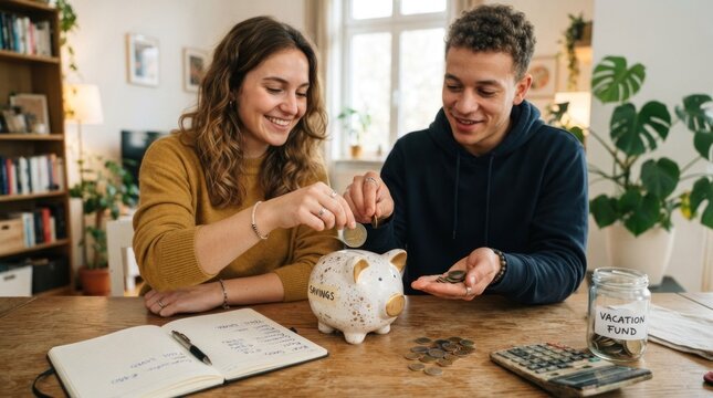 A young couple, a man and a woman, are sitting at a table in a cozy living room,