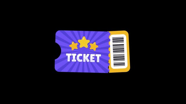 Isolated graphic of a torn purple and yellow ticket with stars and barcode, perfect for event, raffle, or prize.