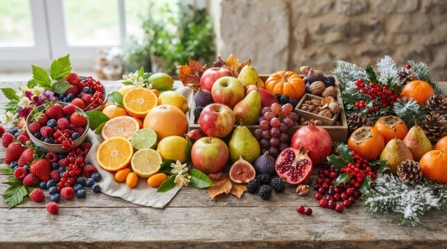 A festive table adorned with a variety of fruits, including apples, pears, and berries, 