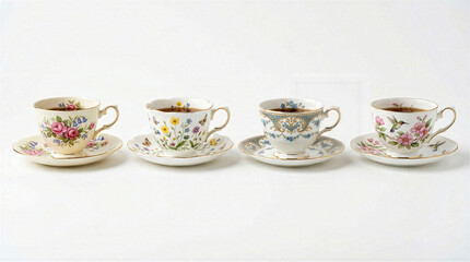 Fototapeta premium Four elegant vintage porcelain teacups with delicate floral patterns on a clean white background