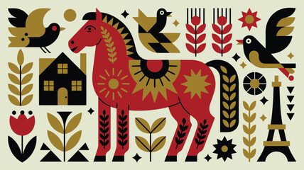 Obraz premium Folk art style illustration featuring a dala horse, birds, a house, wheat stalks, and the eiffel tower in a decorative scandinavian inspired design