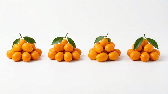 Four small piles of fresh ripe orange kumquats arranged neatly on a clean white background