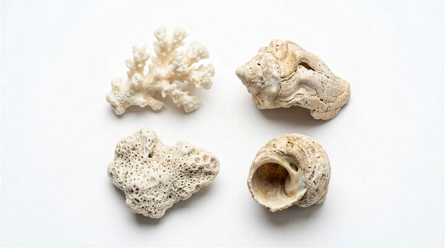 Collection of white coral fragments and weathered seashells arranged on a clean white background