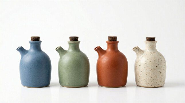 Four colorful ceramic oil cruets with cork stoppers arranged in a row on a white background